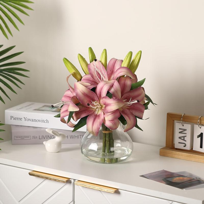 6-Pack Realistic Silk Lilies Artificial Flowers with Glass Vase – Lifelike Faux Lily Bouquet for Home Wedding Office Decor,No Maintenance,Bendable Stems,Ready to Display