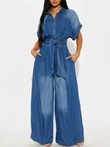 Midiross Casual Bat Sleeve Tie-Waist Tencel Denim Wide-Leg Jumpsuit Midiross Casual Bat Sleeve Tie-Waist Tencel Denim Wide-Leg Jumpsuit