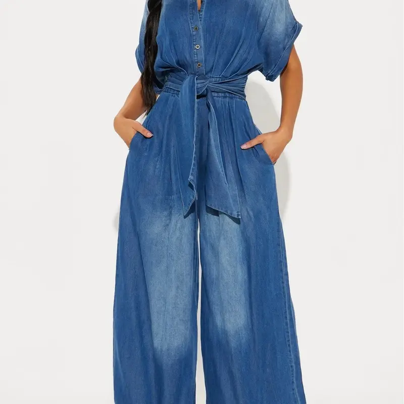 Midiross Casual Bat Sleeve Tie-Waist Tencel Denim Wide-Leg Jumpsuit
