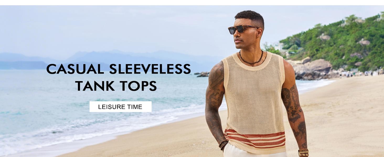 Runcati Mens Sleeveless Tank Tops Knitted Hollow Out Crochet T-Shirts Muscle Summer Beach Color Block Shirts