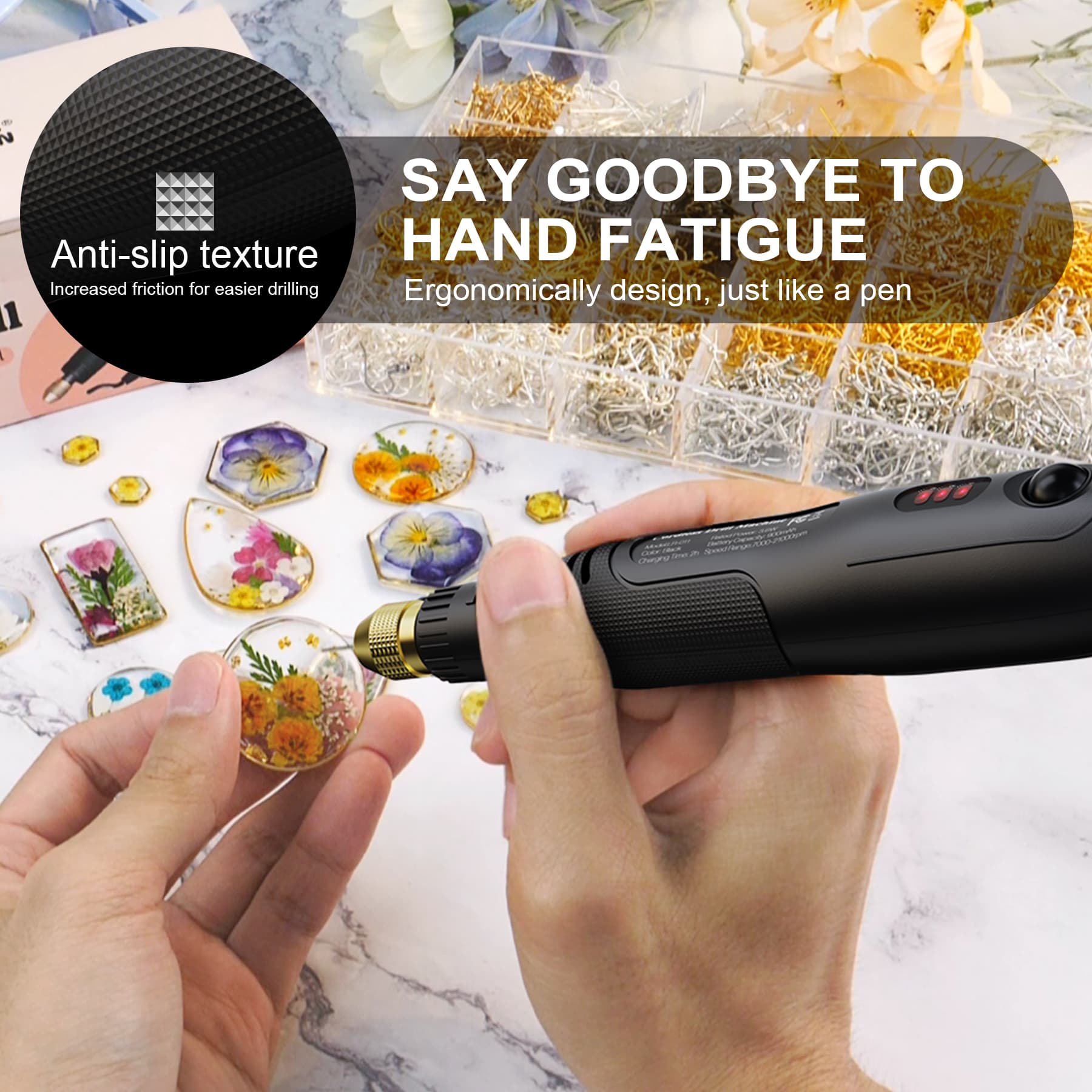 Electric Resin Drill, 74 Count Hand Drill Supplies with 3-Jaw Clamp-Applicable to A Larger Drilling Range (0-3mm), Grip Nose Pliers, Keychain Making Kit, Tools for Resin Art - LET'S RESIN Electric Resin Drill, 74 Count Hand Drill Supplies with 3-Jaw Clamp-Applicable to A Larger Drilling Range (0-3mm), Grip Nose Pliers, Keychain Making Kit, Tools for Resin Art - LET'S RESIN