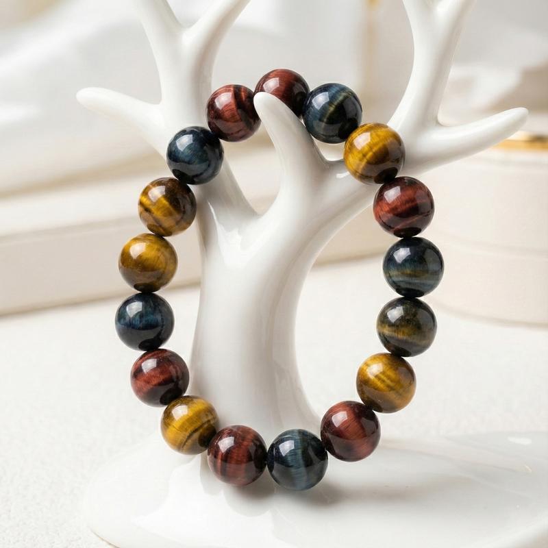 Tiger Eye Protection Bracelet Men Relax Anxiety Crystal Tiger Eye Beaded Triple Protection Jewelry Crystal Stone Gemstones Jewelry Bracelets for Women Men(10/12/14/16MM)