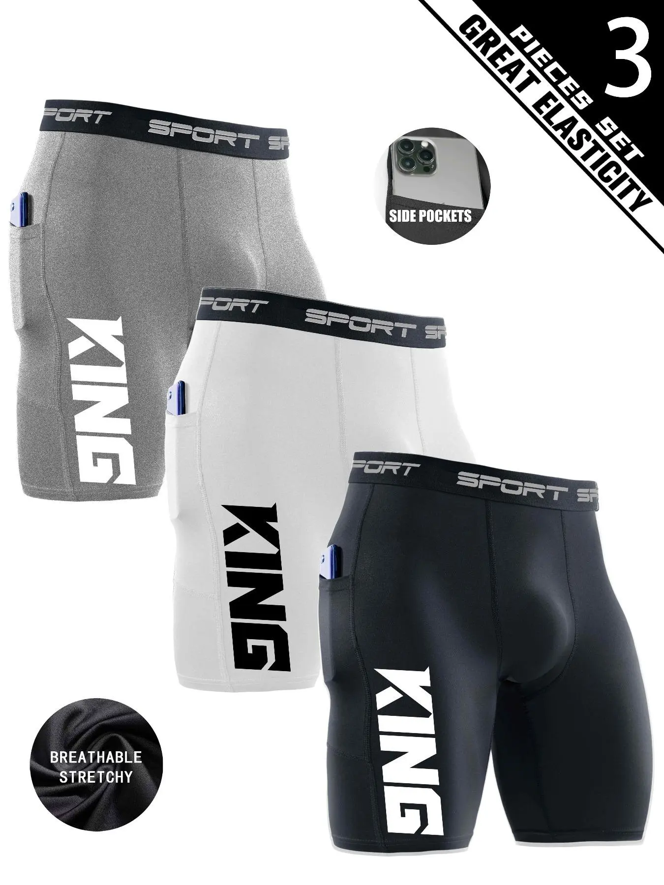 3-Pack Men's Compression Shorts with “KING” Graphic – Breathable, Quick-Dry, High Stretch – Athletic Wear Shorts – Gym, Running, Streetwear Style, Fitness Workout Shorts, Activewear Shorts (Gray/White/Black)