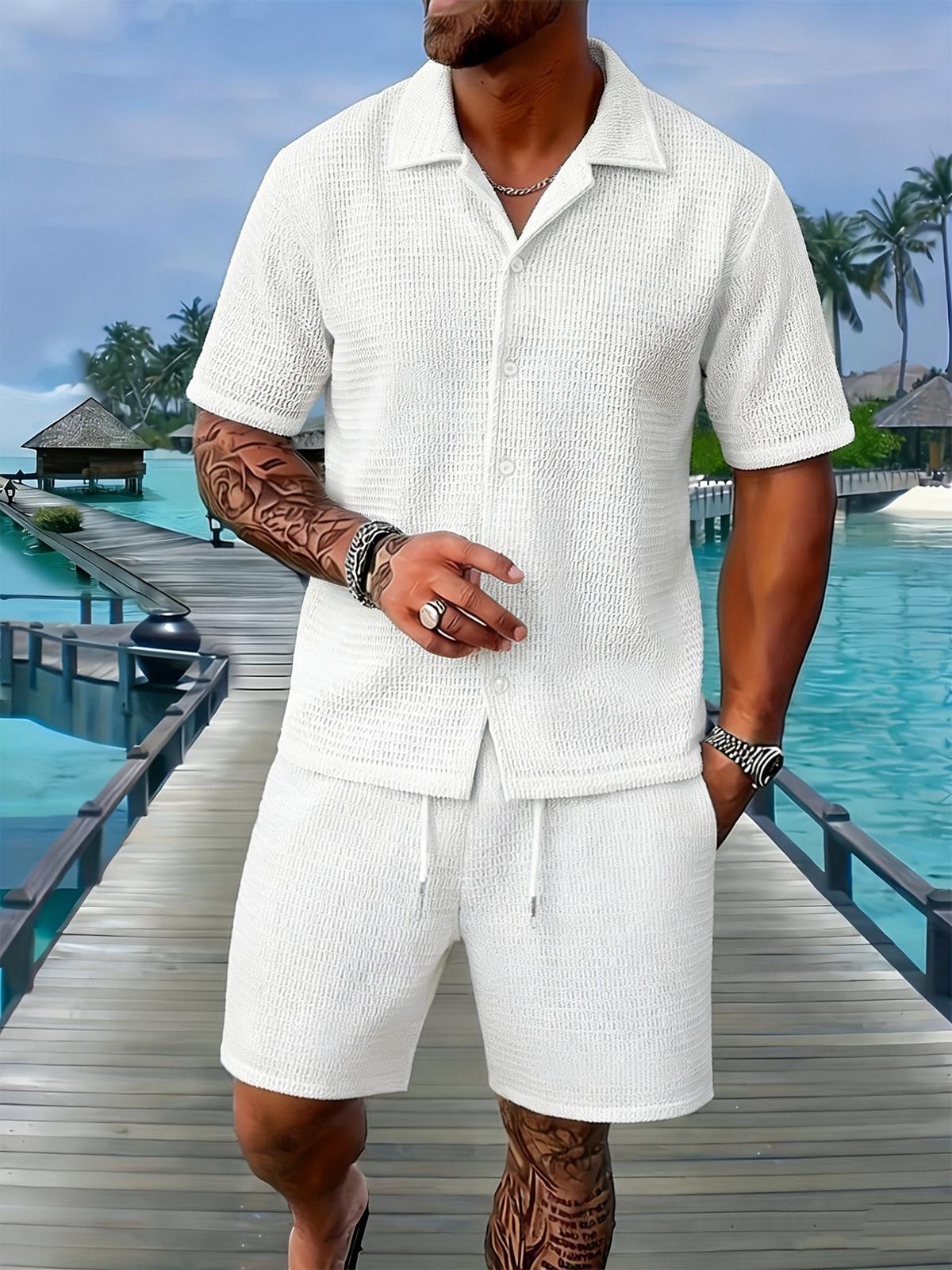 Men's solid color summer vacation set, regular style, paired with textured button down short sleeved shirt and matching drawstring shorts, easily interprets the exquisite coastal style, casual travel, vacation and leisure SpringStatements Clothes Beige