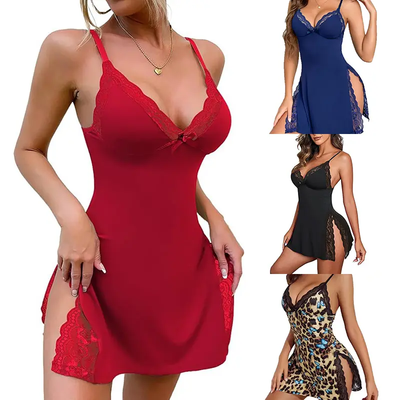 Women's Soft Modal Leopard Print Lace Chemise Nightgown - V-Neck, Sleeveless, Thigh-High Slit, Floral Lace, Smooth Polyester Sports Dress Lingerie, Loungewear, Chic Clothes, Bedroom Wear