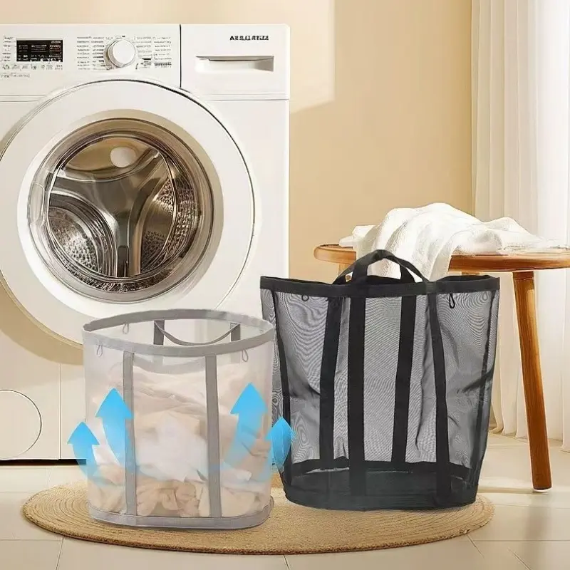 Large Capacity Laundry Basket with Handle, 1 Pack Foldable Mesh Breathable Dirty Clothes Storage Hamper, Clothes Organizer Bin for Home, Bedroom, Bathroom, Dorm Use-MM1