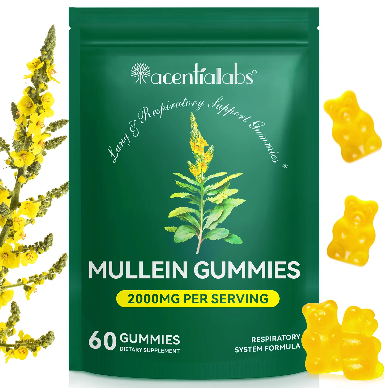 Acentiallabs Edible Mullein Gummies - Natural Formula Sugar-Free Dietary Supplement for Mullein Lung Detox, Lung Cleanse, Respiratory Support, Clear Mucus & Better Breathing (Vegan) tiktokshopbacktoschool