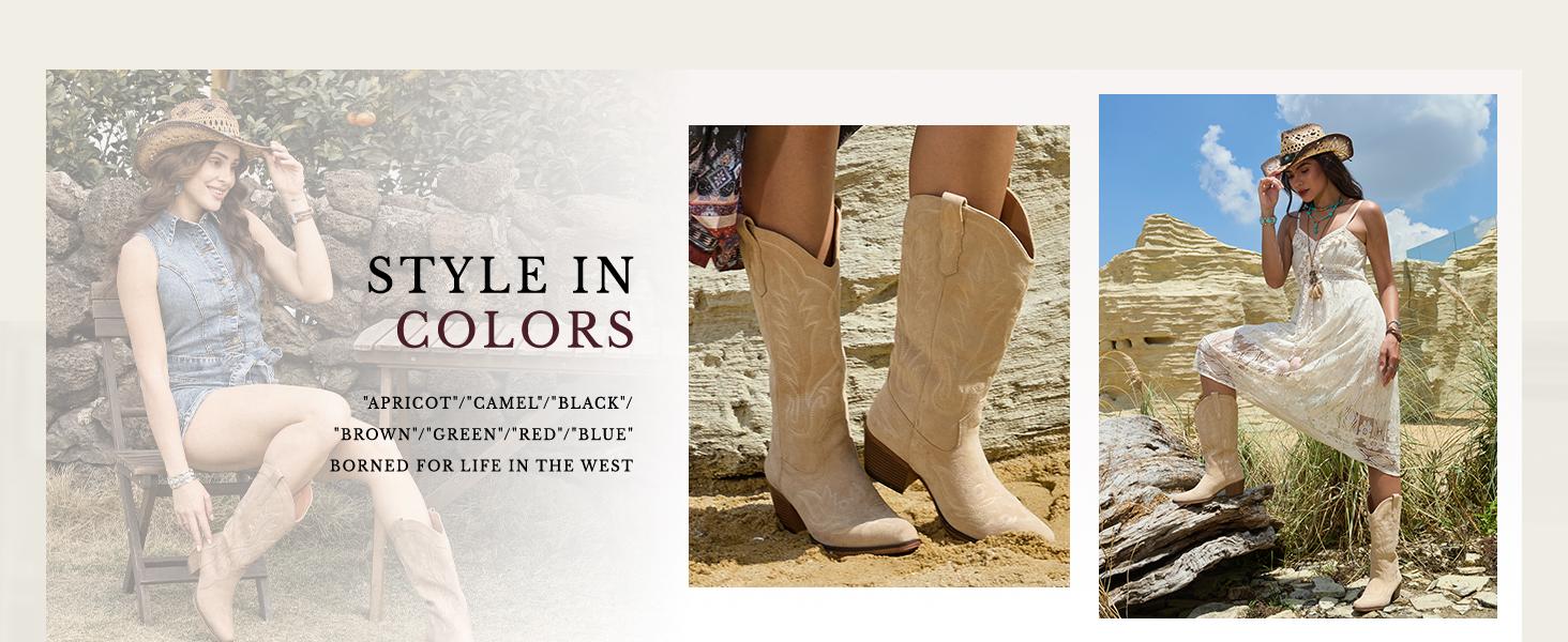 Suede Cowboy Boots for Women Western Mid Calf Cowgirl Boots with Embroidered, Retro Snip Toe Fashion Boot With Chunky Block Heel Summer Fall Country Music Festival Cowboy Chic