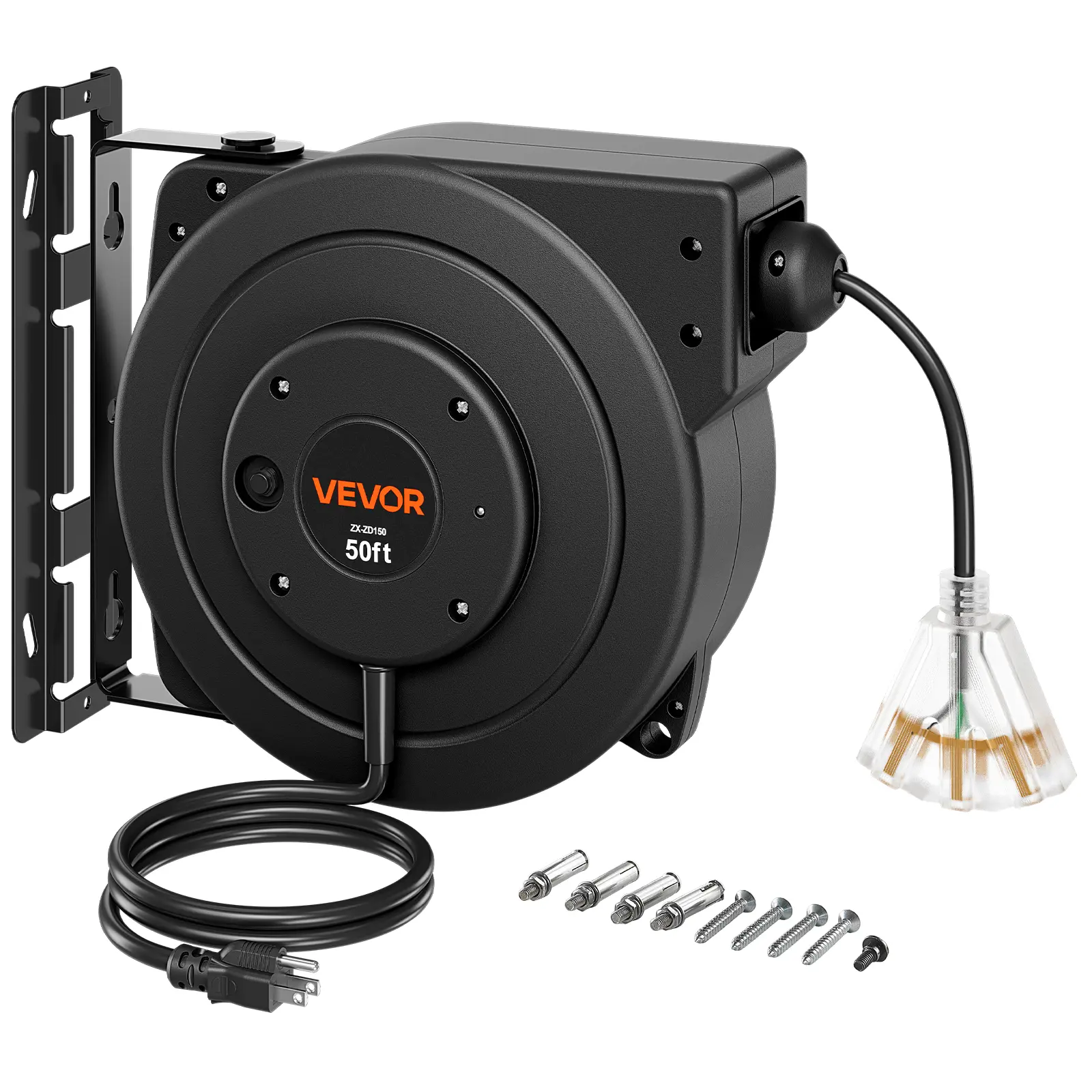 VEVOR Retractable Extension Cord Reel - 50FT Heavy Duty 14AWG/3C SJTOW Black, Ceiling Mount, Wall Mountable, 13A Circuit Breaker, Automatic Retraction, Lighted Triple Tap, 180° Swivel Bracket