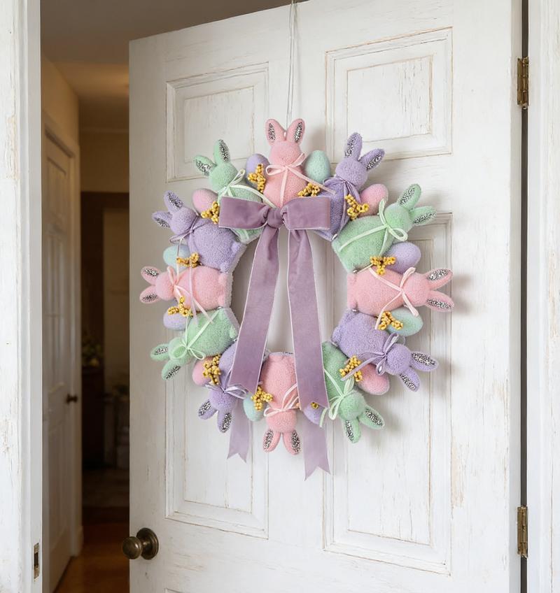 Easter Decorations Easter Flocked Bunny Wreath with Colorful Easter Eggs & Bows Rustic Spring Hanger Wall Wreath Decor for Front Doors Home Farmhouse Porch Wall Indoor Outdoor Window Bunny Decorations Party Backdrop Door Wreath