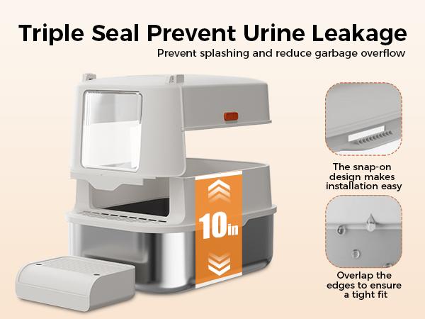 【For Big Cats】Extra Large Stainless Steel Cat Litter Box with Lid XL Enclosed Metal Litter Box for Large Cats, Features High Sidewalls, Removable Cover, Leak-proof, Non-stick, Easy to Clean, Beige Color