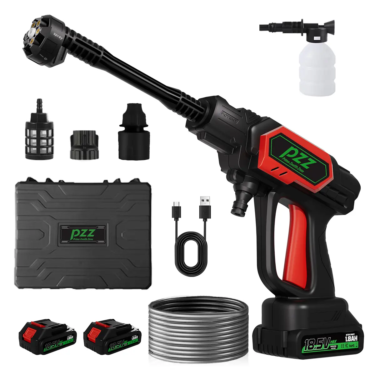 PZZ Cordless Handheld Battery Operated Pressure Washer Full Kit, 18Ah Rechargeable Compact 1000 PSI Portable Cleaner, Coiled Hose, Multi-Function Rotating Nozzle, Additional Nozzles & Accessories for Home Users, Portable Pressure Washer