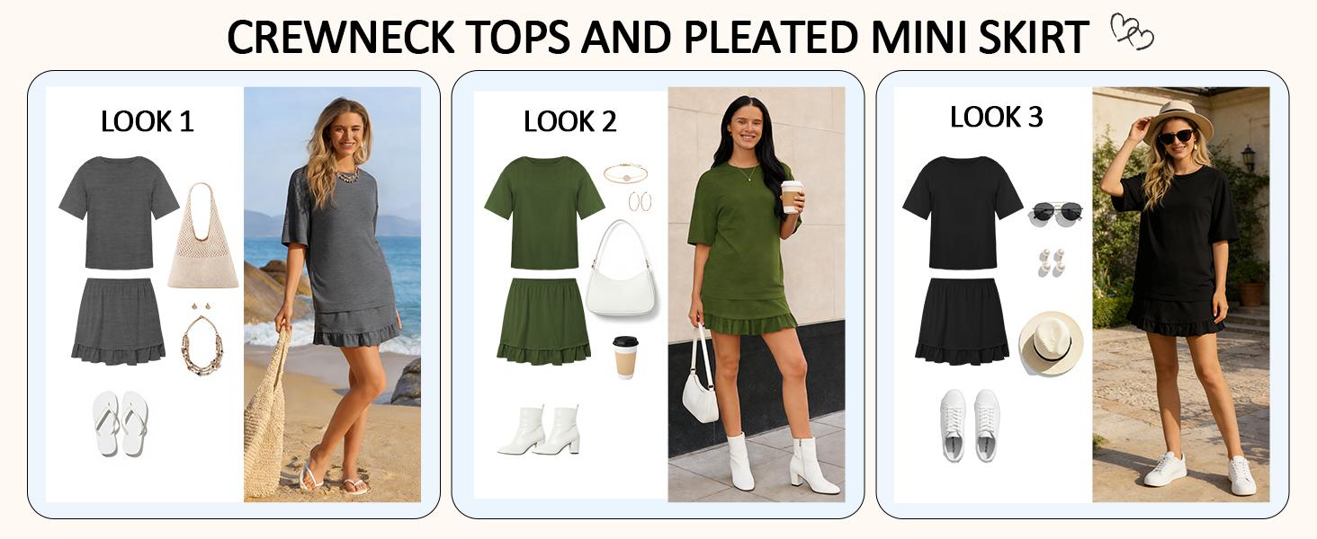 Yousify Women's 2 Piece Skirt Set Summer Vacation Outfits Short Sleeve Crewneck Top & Casual Mini Skirt for Easy Styling,summeroutfits,vacationoutfits,bathingsuitwomenset,beachoutfits