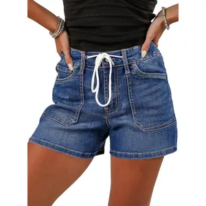 Sidefeel Women's Jean Shorts High Waisted Stretchy Casual Drawstring Denim Shorts with Pockets
