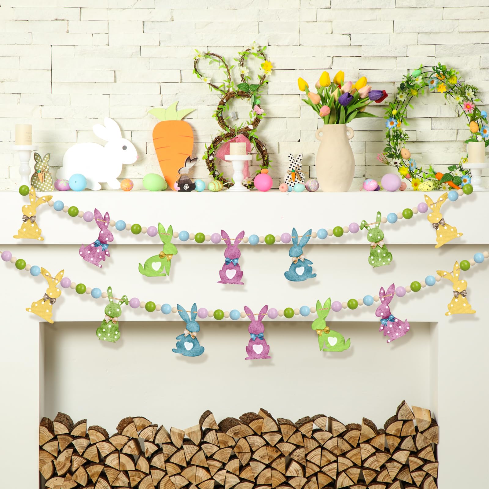 Easter Bunny Garland Wood Beads Banner Rustic Rabbits Hanging Garland with Beads, Bunny Eggs with Bow Door Wreath Garland for Mantle Fireplace Shelf Wall Doorway Display, Spring Home Decor, Easter Decor 2026 Easy Hang Indoor Outdoor Party Supplies & Gifts