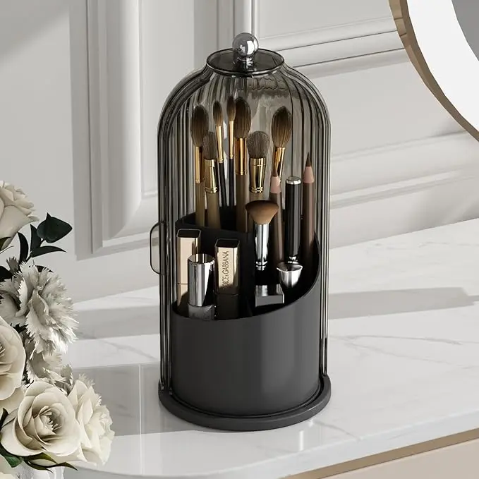 Premium Dustproof Toothbrush Holder with Clear Cover, 360° Rotating Electric Toothbrush, Toothpaste and Makeup Brush Organizer, Large Capacity Multi-Functional Bathroom Countertop Storage Caddy for Vanity and Skincare Tools, Aesthetic Decor