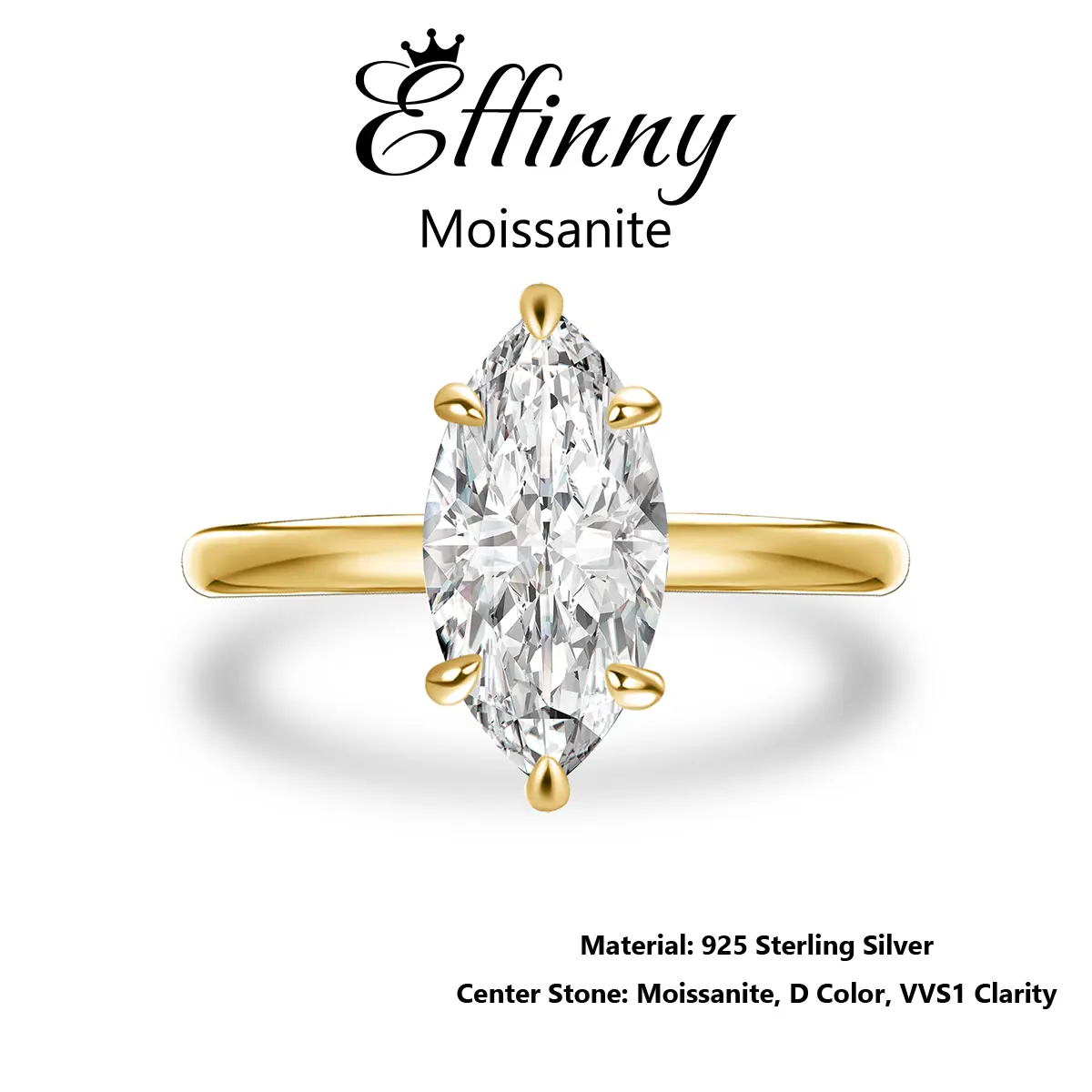 Effinny Tarnish-resistant Synthetic Moissanite 14K Gold-Plated 925 Sterling Silver Marquise Excellent Cut Engagement Ring, 2.0Carat D Color VVS1 Promise Solitaire Jewelry for Women,Travel