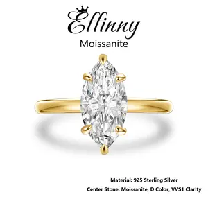 Effinny Tarnish-resistant Synthetic Moissanite 14K Gold-Plated 925 Sterling Silver Marquise Excellent Cut Engagement Ring, 2.0Carat D Color VVS1 Promise Solitaire Jewelry for Women,Travel