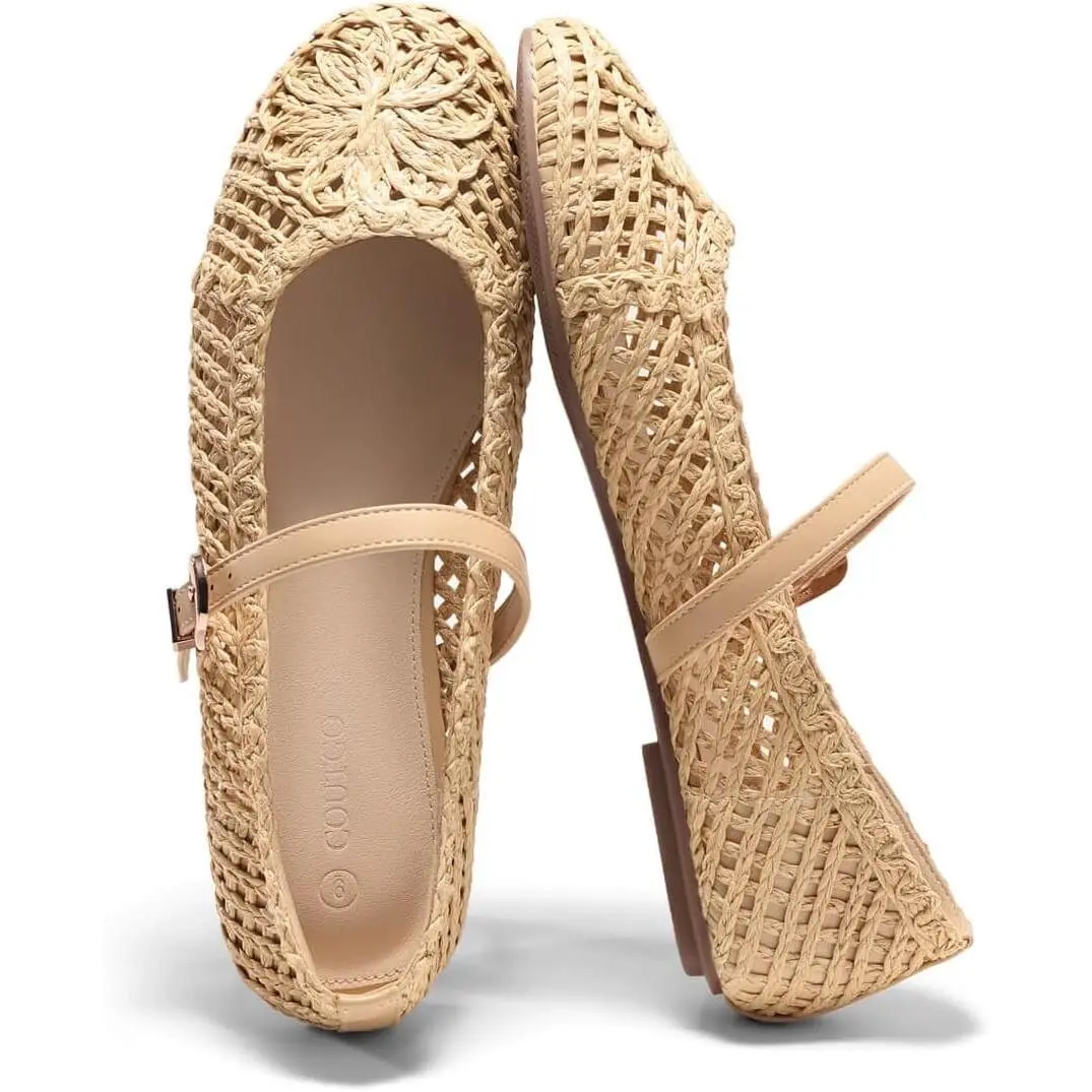 Coutgo Womens Mary Jane Woven Flats Round Toe Ballet Flats Dressy Comfortable Slip On Shoes tiktokshopbacktoschool
