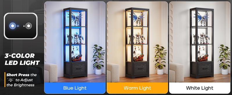 BROTTAR Display Shelf with 3 Color Lights, Curio Cabinet for Collectibles with Drawer, Display Case with Human Body Sensor, Black