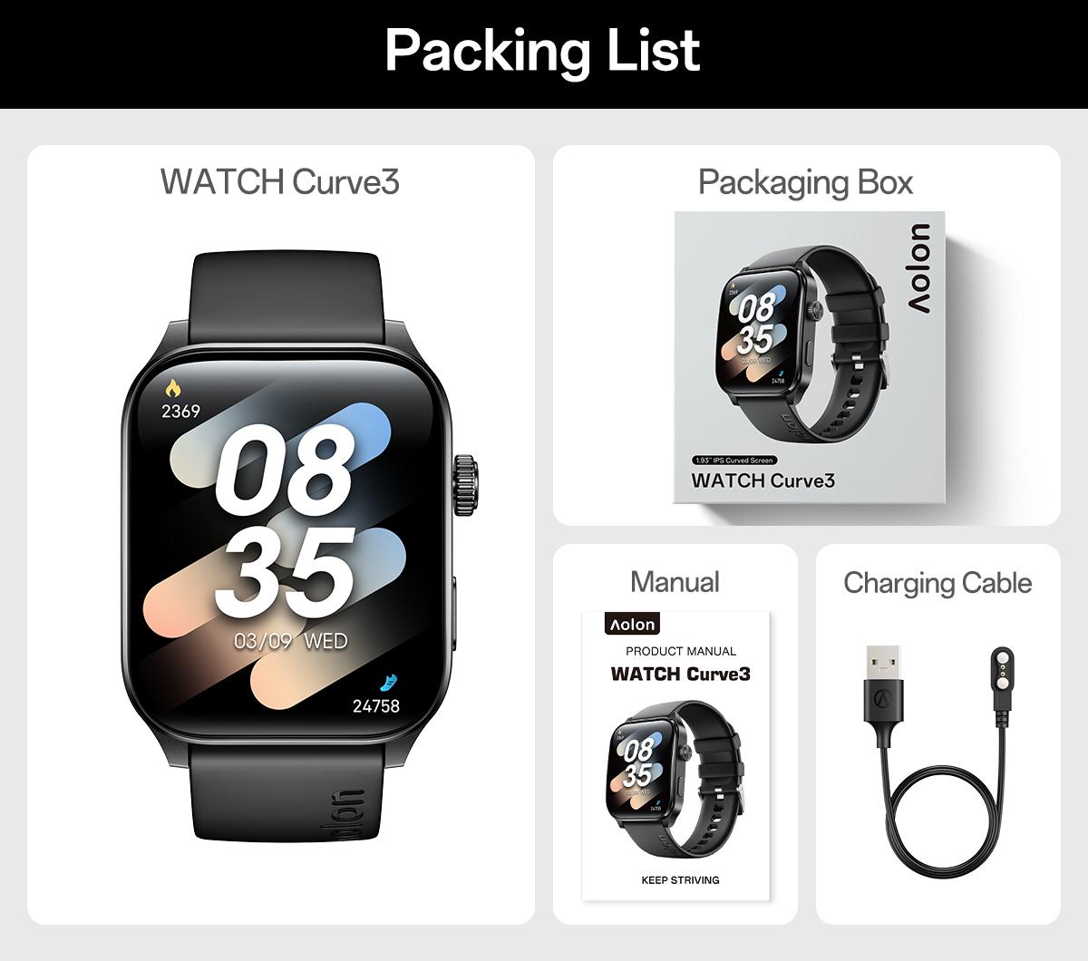 Aolon Curve3 lightweight Smartwatch with Answer/Make Calls/Message Reminder, 1.93'' IPS Screen, IP68 Waterproof, Custom Buttons, Digital Crown, 110+ sports modes for Outdoor Fitness, Workout, Men Women's Gifts, iPhone&Android Compatible