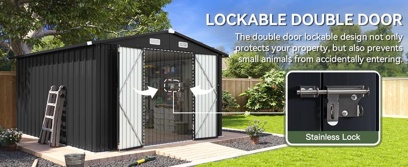 Aoxun Outdoor Metal Storage Shed with Base Lockable Door & Sloped Roof Weather Resistant Utility Shed for Garden Patio & Backyard Secure Practical