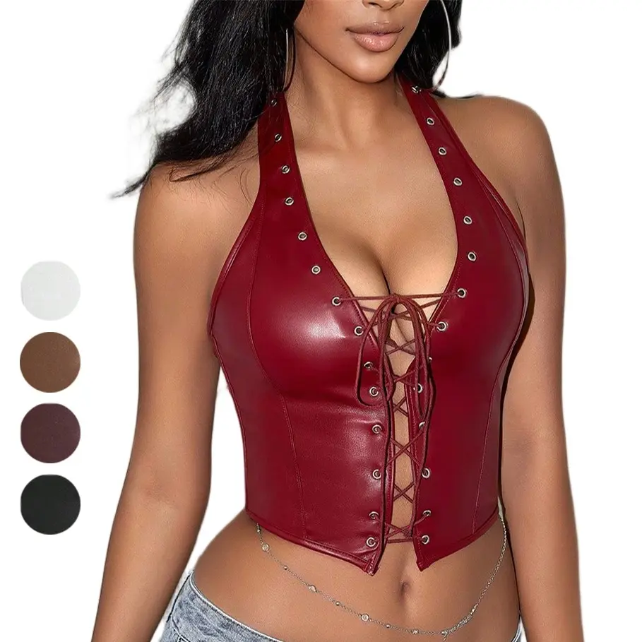 【Restocked】ApperlothA Women's Halter PU Crop Top - Y2K Punk V Neck Grommet Eyelet Tie Front Backless Corset PU Leather Shapewear Tops - SpringFresh #Summervibes