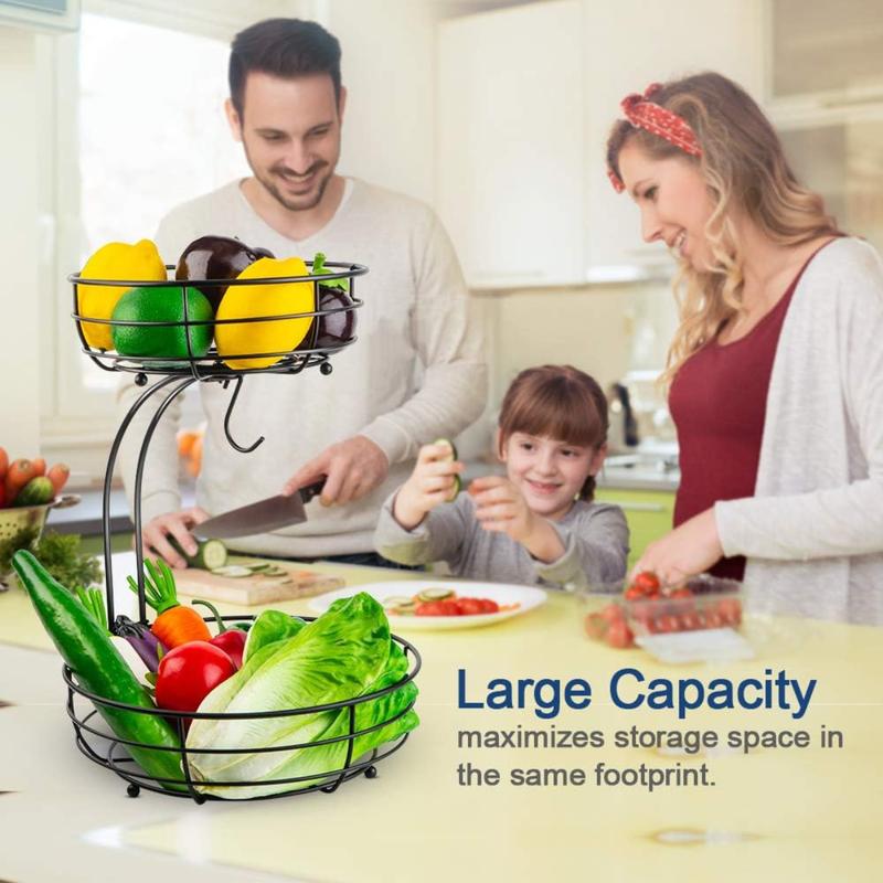 [New Deal] Iron 2-Tier Countertop Fruit Vegetables Basket Bowl Storage With Banana Hanger, Black, 64 ounces