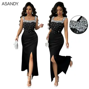 ASANDY Luxury Black Beaded Mermaid Dress, Square Neck Sleeveless Rhinestone Formal Evening Gown for Red Carpet & Gala