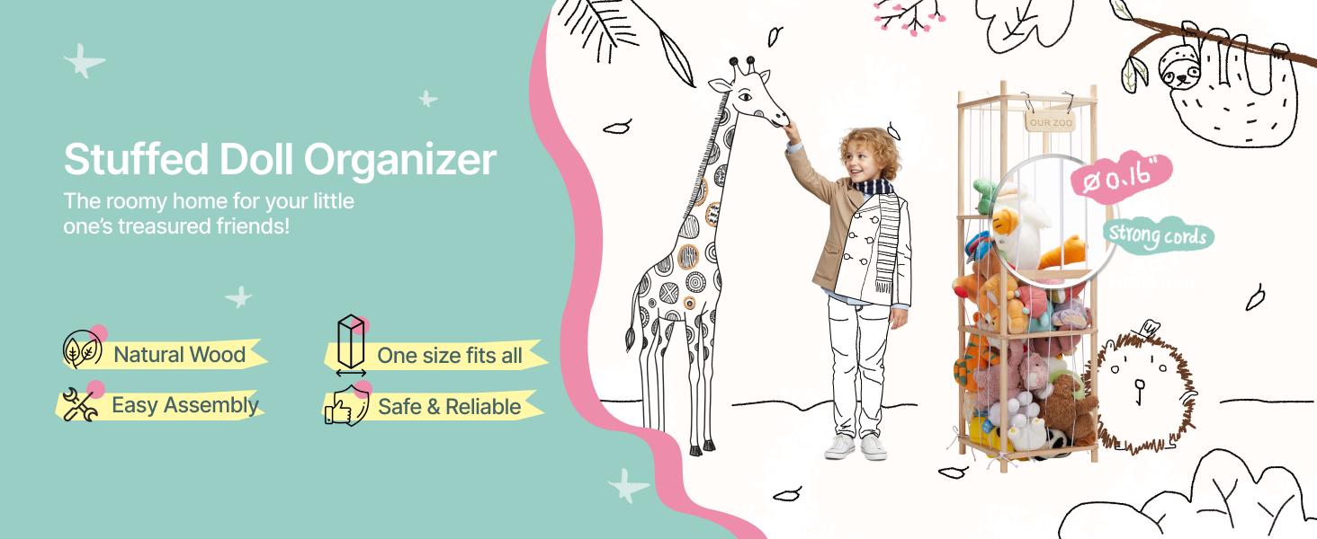 Stuffed Animal Zoo Storage Wooden Toy Organizer, Space Save Toy Holder Shelf for Toddler Rooms, Playrooms & Kids Bedrooms