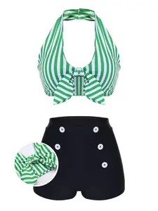 Green Retro Halter Stripes Bikini Setsummer outfits beach essentials vacation outfits Striped Swimsuits Chic Swimsuit Set
