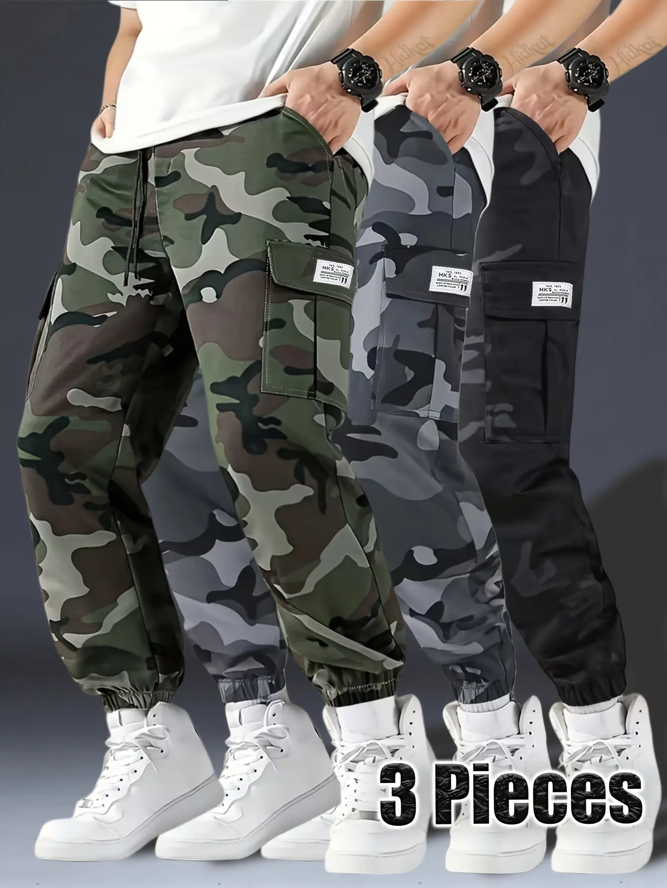 Men’s 3-Pack New Camouflage Cargo Pants for All Seasons — Multi-Pocket Design with Cuffed Ankle Cuffs, Versatile Pants Suitable for Daily Wear, Outdoor Work, Camping, and More