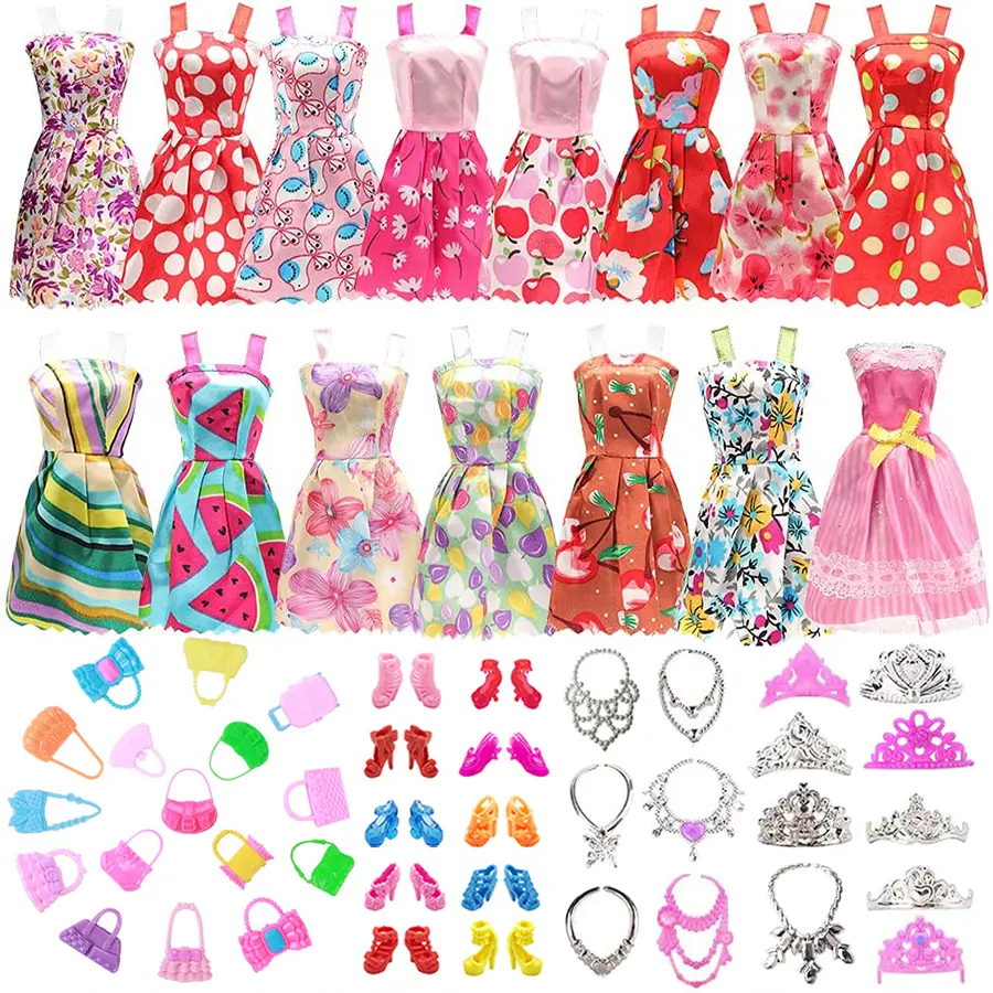 38 Pcs Doll Clothes and Accessories Set with 10 Dresses 10 Shoes 6 Necklaces 6 Crowns 6 Bags for 11 Inch Dolls Birthday Gift Role Playing