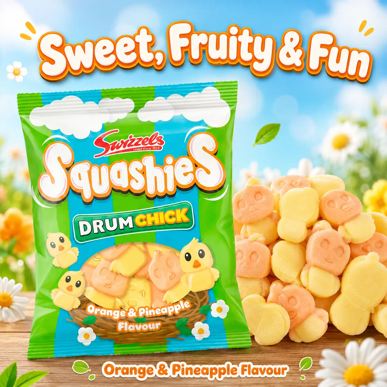 Swizzels Limited Edition Squashie Drum Chick Sweet Fruity Chewy Candy - Orange-Pineapple Flavored Snack Treat