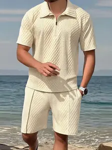 Men's summer half zip short sleeved polo shirt top and shorts 2-piece set, featuring a half zip V-neck design. Jacquard textured fabric is breathable and stylish. It is very suitable for summer wear, casual, fashionable and sporty