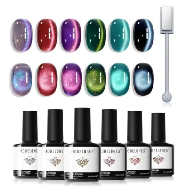 modelones Cat Eye Gel Nail Set Glitter 6Colors Red Blue Green