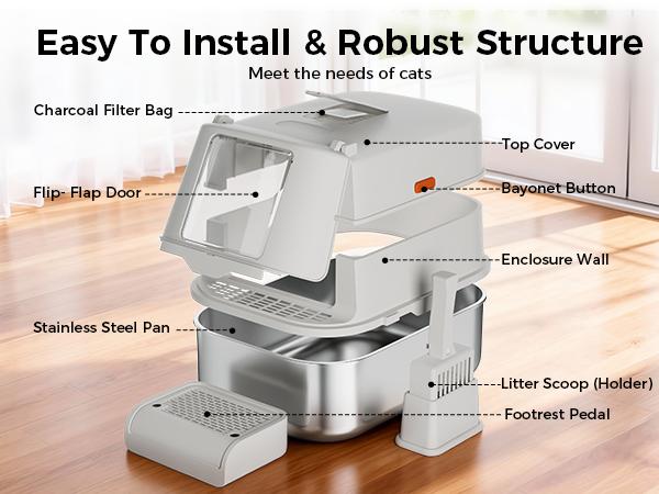【For Big Cats】Extra Large Stainless Steel Cat Litter Box with Lid XL Enclosed Metal Litter Box for Large Cats, Features High Sidewalls, Removable Cover, Leak-proof, Non-stick, Easy to Clean, Beige Color