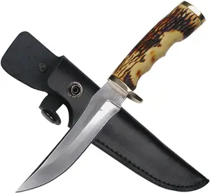 Elk Ridge Outdoors Fixed Blade Knife 4.5-in Satin Finish Stainless Steel Persian Blade, Jig Bone Handle and Genuine Leather Sheath - Hunting, Camping, Survival - ER-027