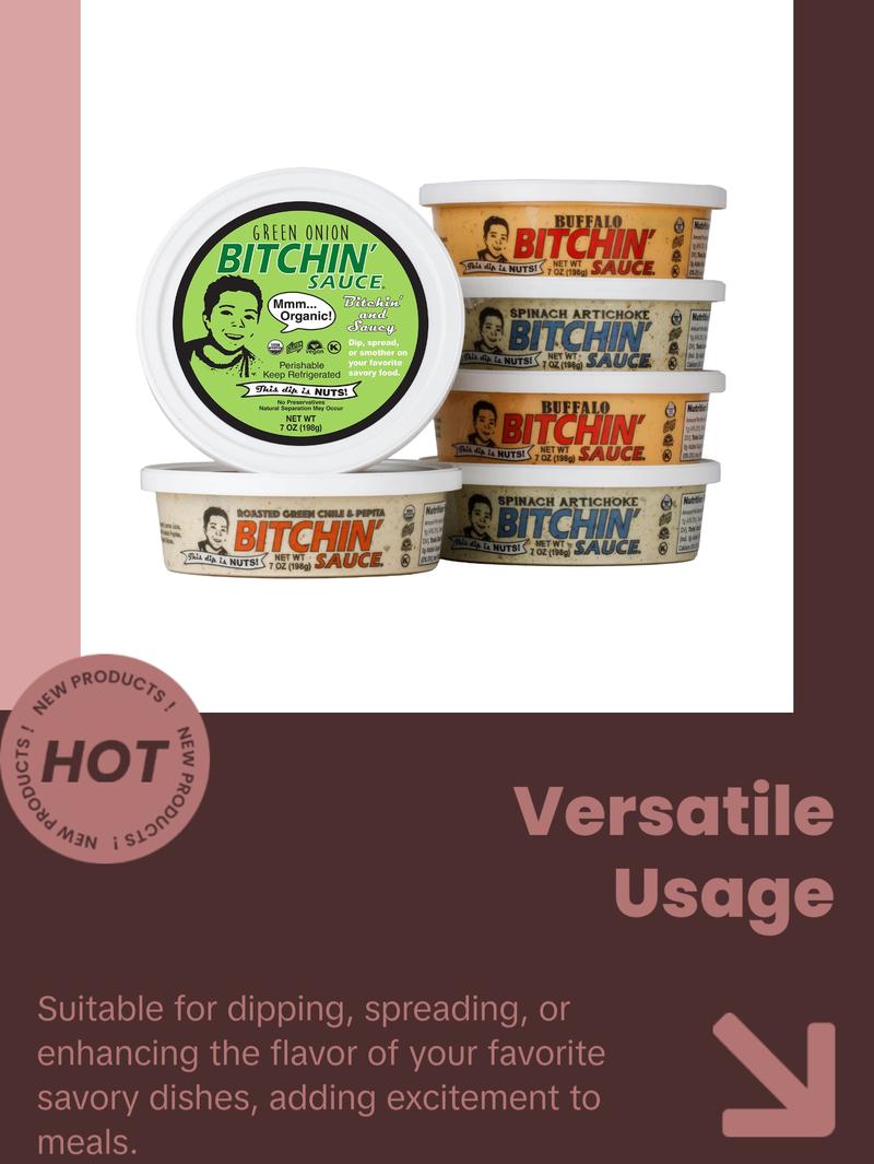 Organic Bitchin' Sauce Sample Pack – Spinach Artichoke, Buffalo, Green Onion, and Roasted Green Chili & Pepita Almond Based Dip and Spread!