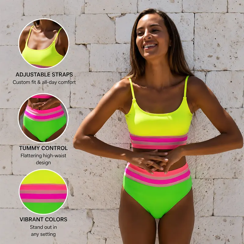 Women's Neon Color Block High-Waisted 2-Piece Bikini Set, Stretch Swimwear for Summer Pool Party, Beach Vacation, Sports & Outdoor Swimwear