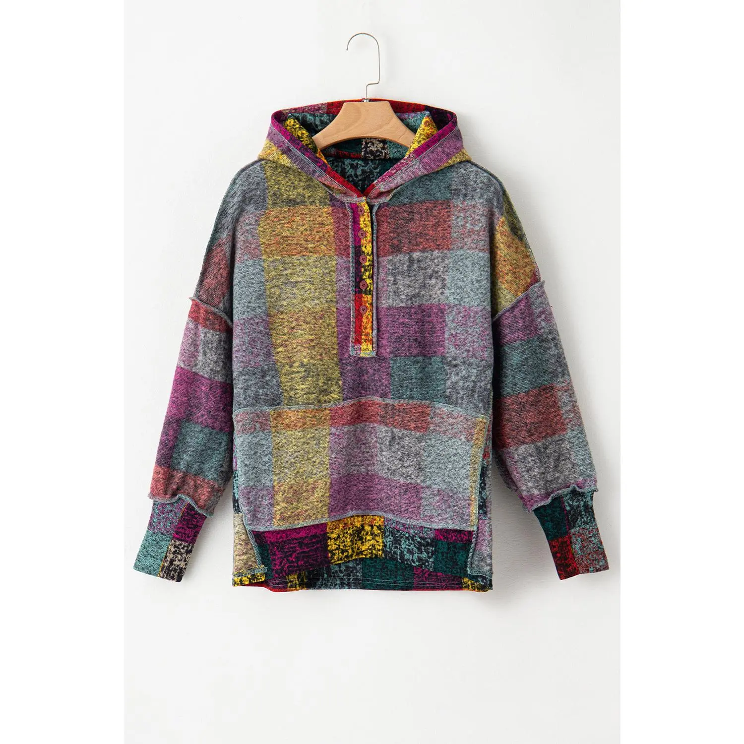 Multicolor Brushed Plaid Buttoned Pullover Oversized Hoodie