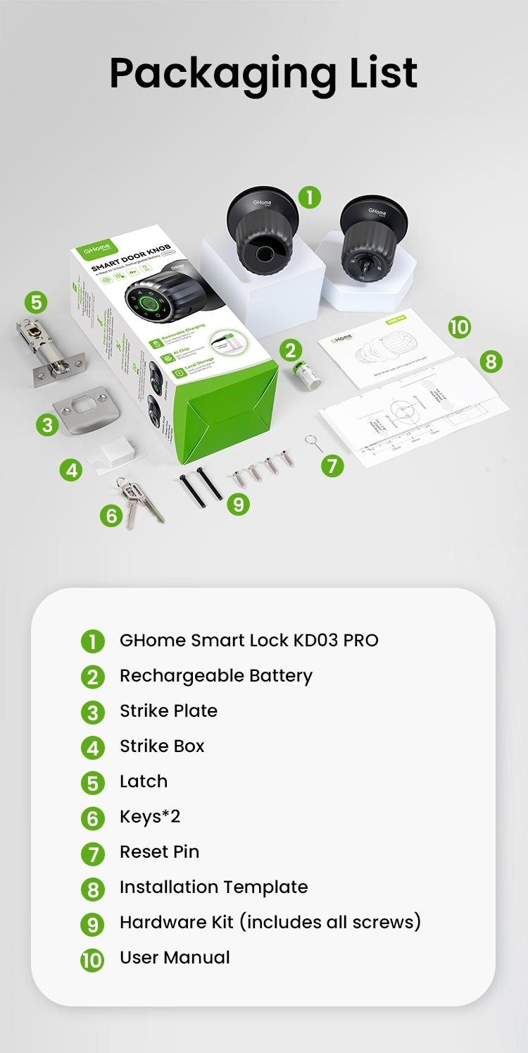 GHome Smart 4-in-1 Keyless Entry Door Knob with Biometric Fingerprint, Keypad, App and Bluetooth Control, Rechargeable Battery with Removable Charging Design for Home, Bedroom, and Apartment