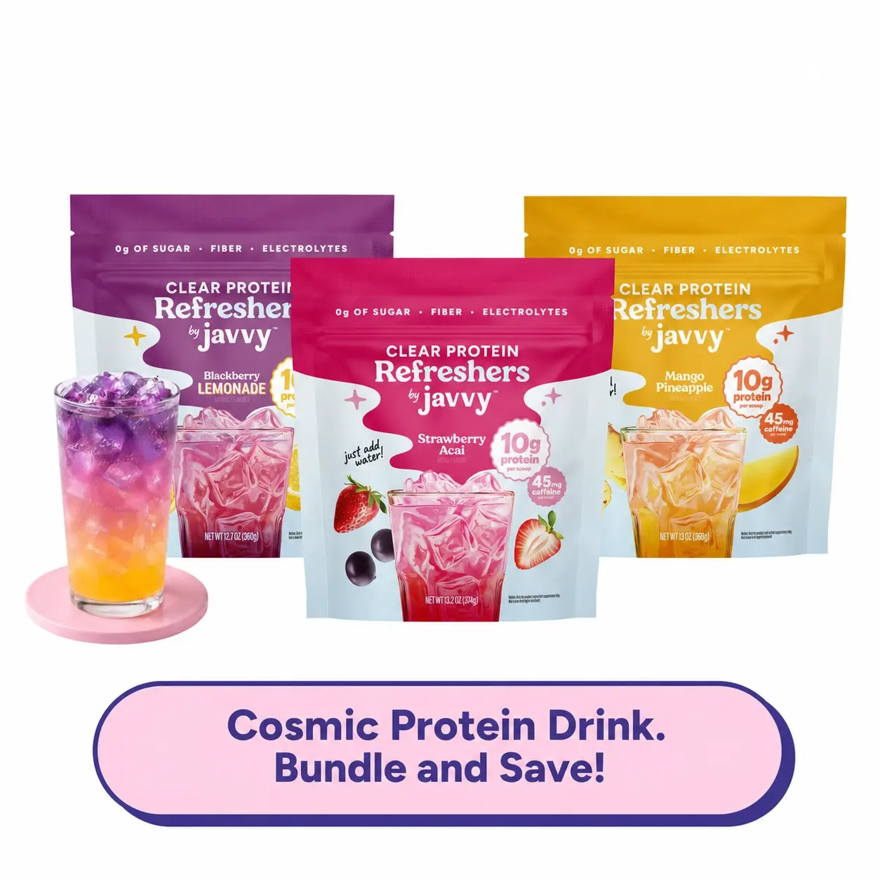 Javvy Cosmic Protein Drink TikTok Exclusive Bundle Blackberry Lemonade, Mango Pineapple * Strawberry Acai Refresher Clear Whey Protein Drink Mix, 45mg Caffeine, 0g Sugar, 10g Protein, With Fiber & Electrolytes, 20 Servings Each