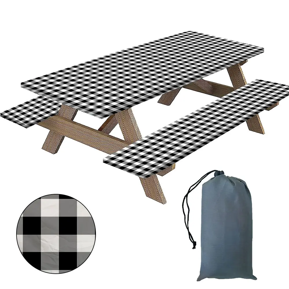 3-Piece Plaid Outdoor Picnic Table Cover Set, Perfect for Patios, Parks, Camping & Parties, Durable All-Weather Design
