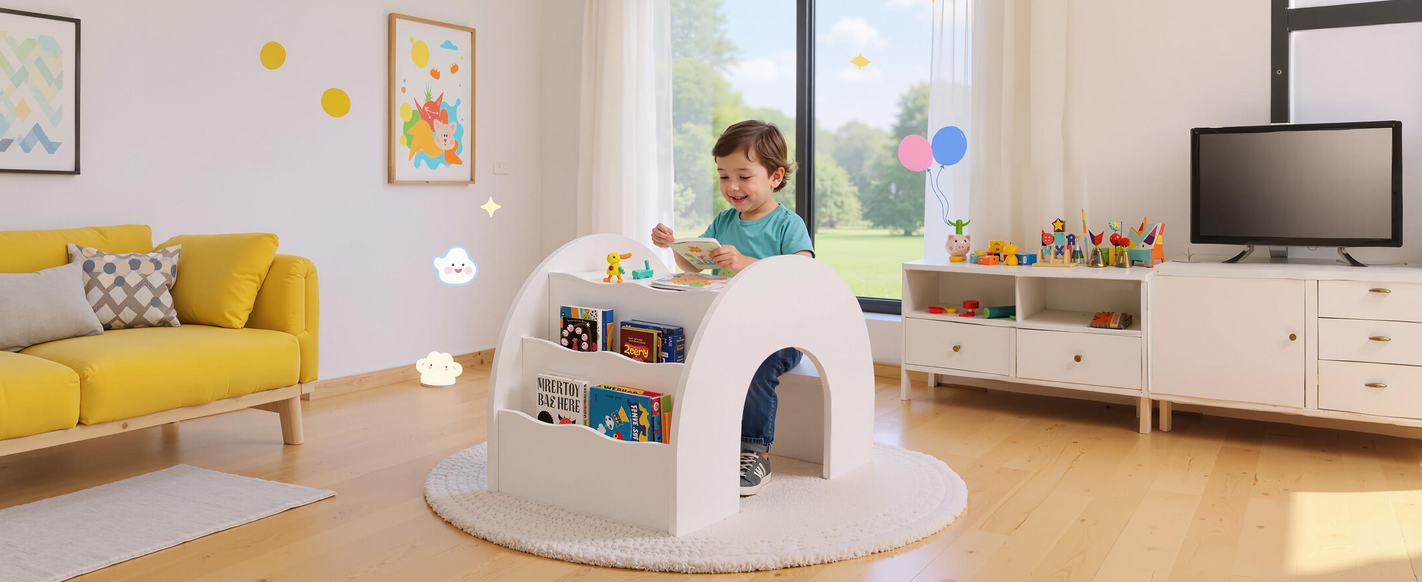 COZPAW 3-in-1 Kids Table and Chair Set, Toddler Activity Table with Book Shelf for Ages 2-7 | Arched Baby Bookshelf with Desk for Reading Drawing Playing (white)
