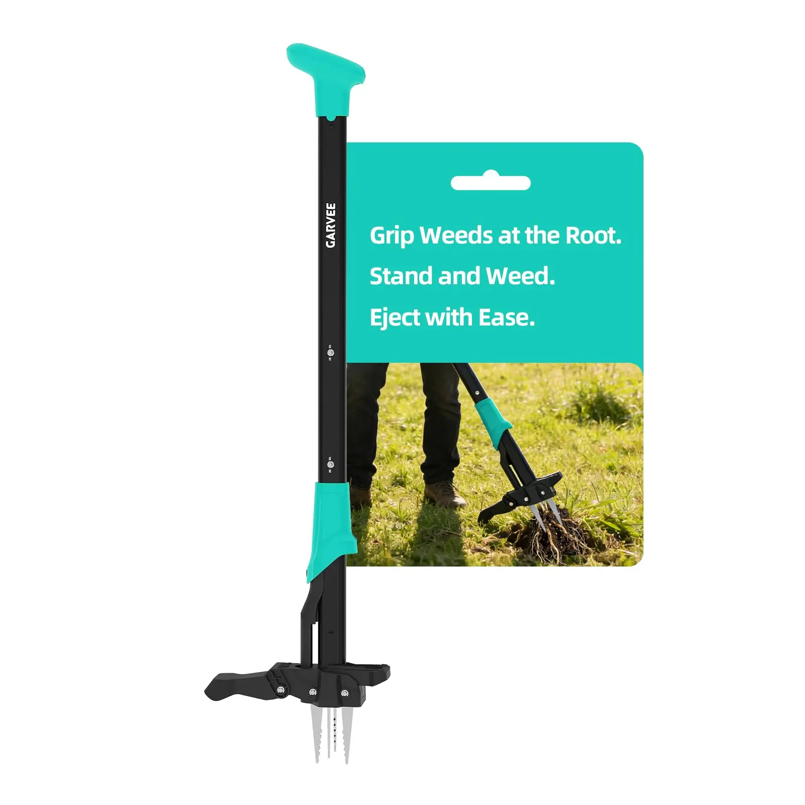 GARVEE 4-Claw Upright Weed Puller, 40-Inch Manual Garden Weeding Tool with Ergonomic Blue Handle – Durable Steel Claws, Stand-Up Operation, Removes Weeds by the Root Without Bending