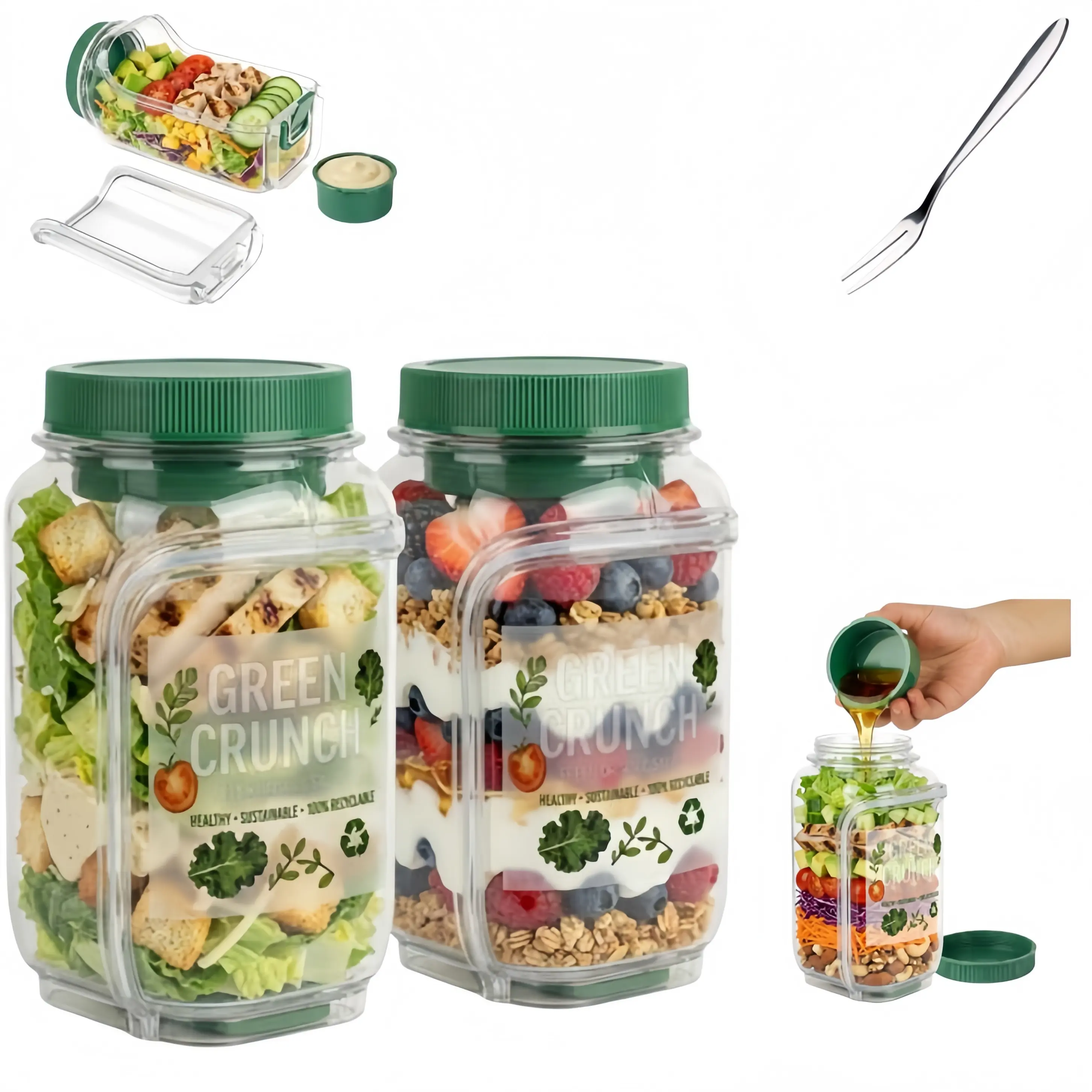 【Free Fork Set】2 pcs 1000ml Large Salad bottles Mason Jar Salad Bowl with Side Opening & Dressing Compartment Leak-Proof Portable Container Microwave & Dishwasher Safe for Home Office Travel bento box