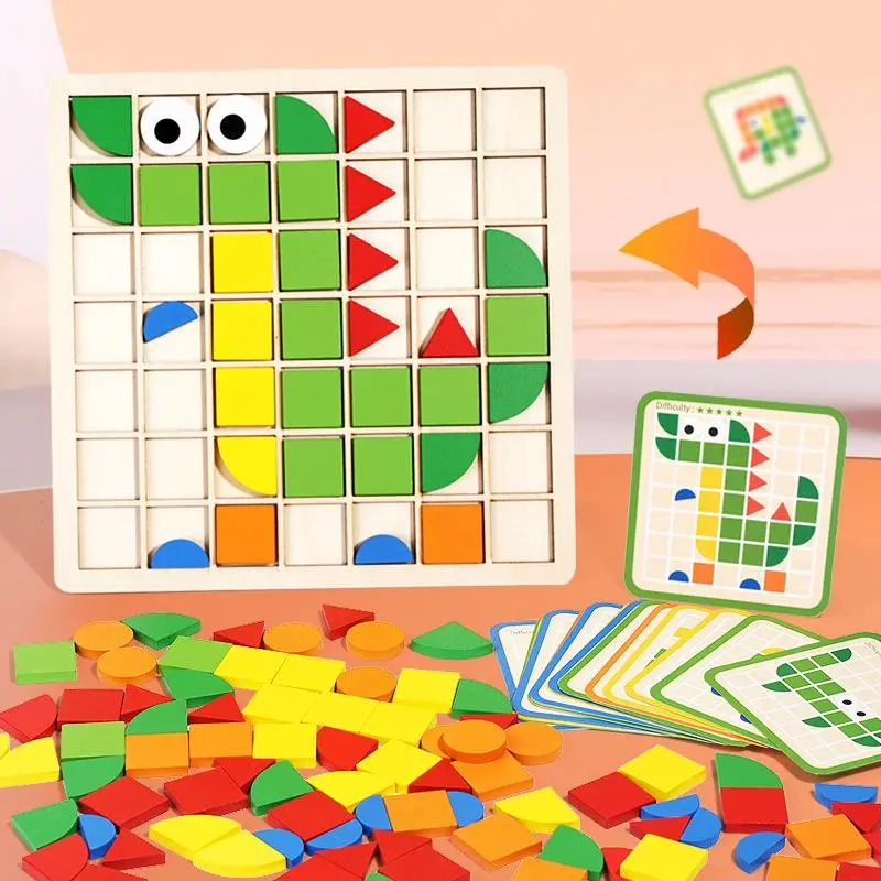 Wooden Pattern Blocks Mosaic Puzzle - 120 Pcs Montessori Educational Toys for Kids Ages 3+, Preschool Shape Color Matching Board with 20 Double-Sided Cards, STEM Learning Toy for Fine Motor Skills