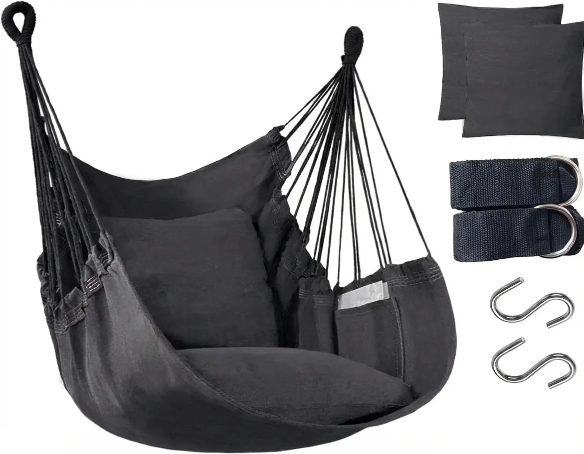 Hammock Chair Hanging Hammock Chair Rope Swing 2 Cushions Included-Sturdy & Durable Soft Cotton Hand Woven Hammock Swing for Bedroom, Porch, Patio-Indoor/Outdoor