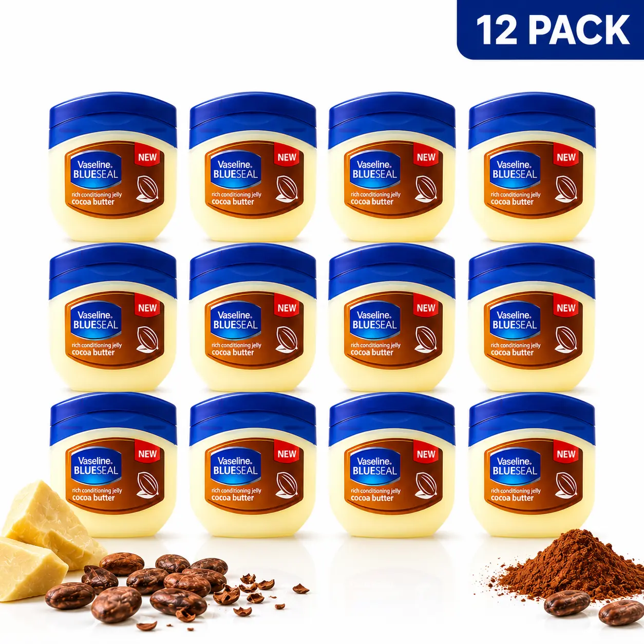 Vaseline Blue Seal Cocoa Butter Petroleum Jelly Bulk 12-Pack (50mL/1.7oz) - Moisturizing, Intense Moisture Occlusive Barrier, Rich Conditioning Jelly, Gentle Lightweight All Skin Head-to-Toe Body Moisturizer, Daily Spot Treatment